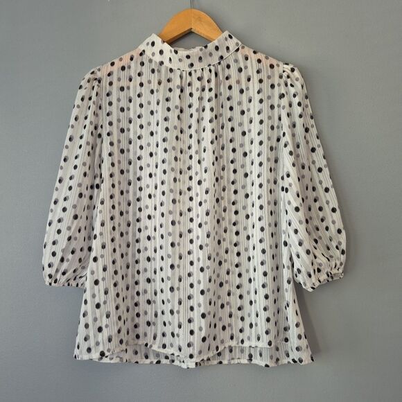 W5 Anthropologie White Black Polka Dot Sheer Mock Neck Blouse Women’s Small - Picture 1 of 7